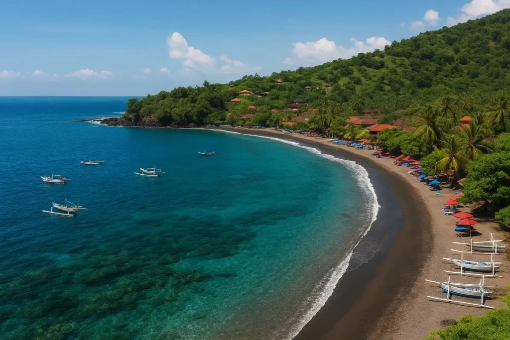 Lipah Beach in Amed Bali with clear turquoise water and fishing boats