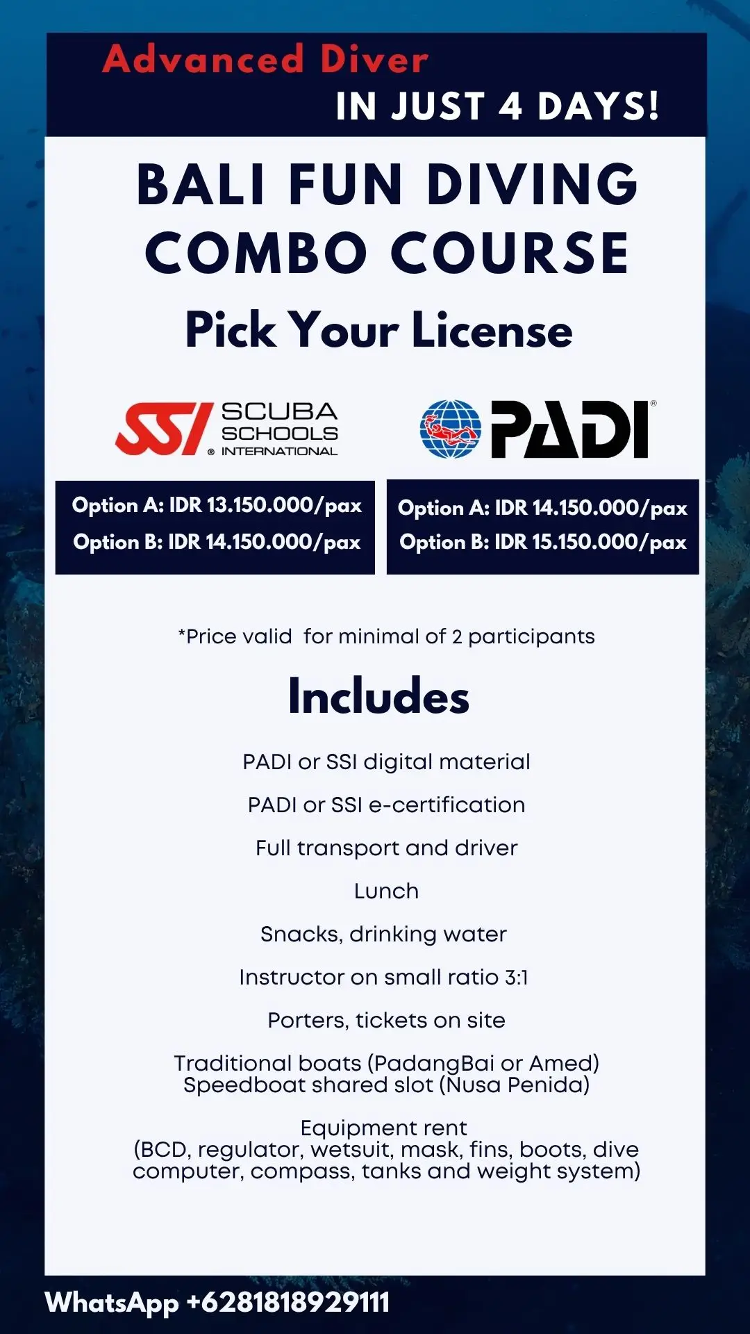 Poster advertising a 4-day Advanced Diver Bali Fun Diving Combo Course offering SSI and PADI licensing options starting from IDR 13,150,000 per person. Includes digital materials, certification, transport, lunch, and equipment rental.