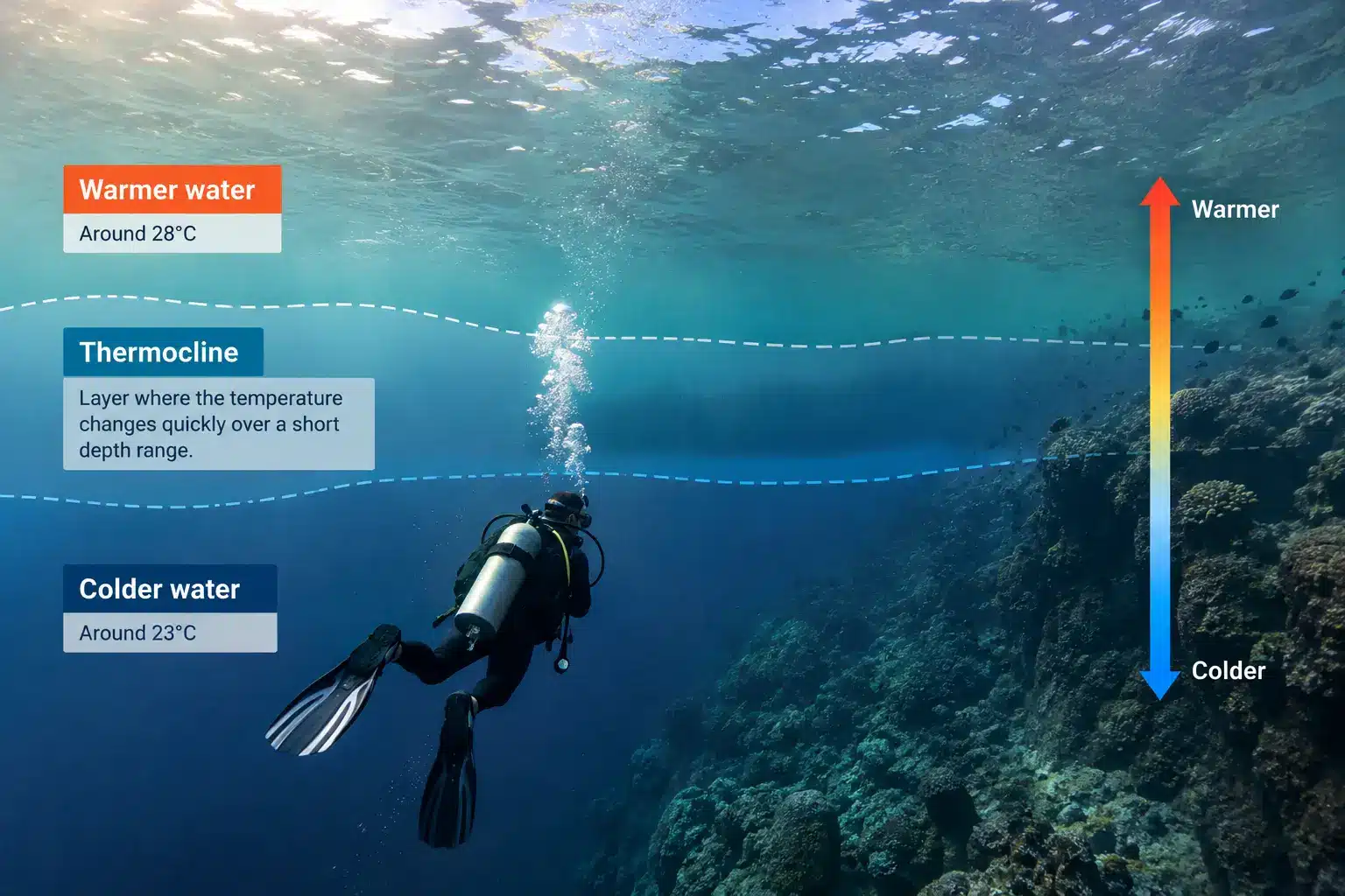 Underwater illustration showing a scuba diver below a thermocline, with warmer water at 28°C above and colder water at 23°C below.