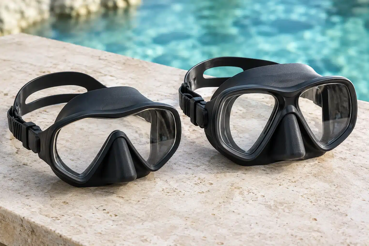Two black scuba masks with different frame and skirt shapes beside a pool