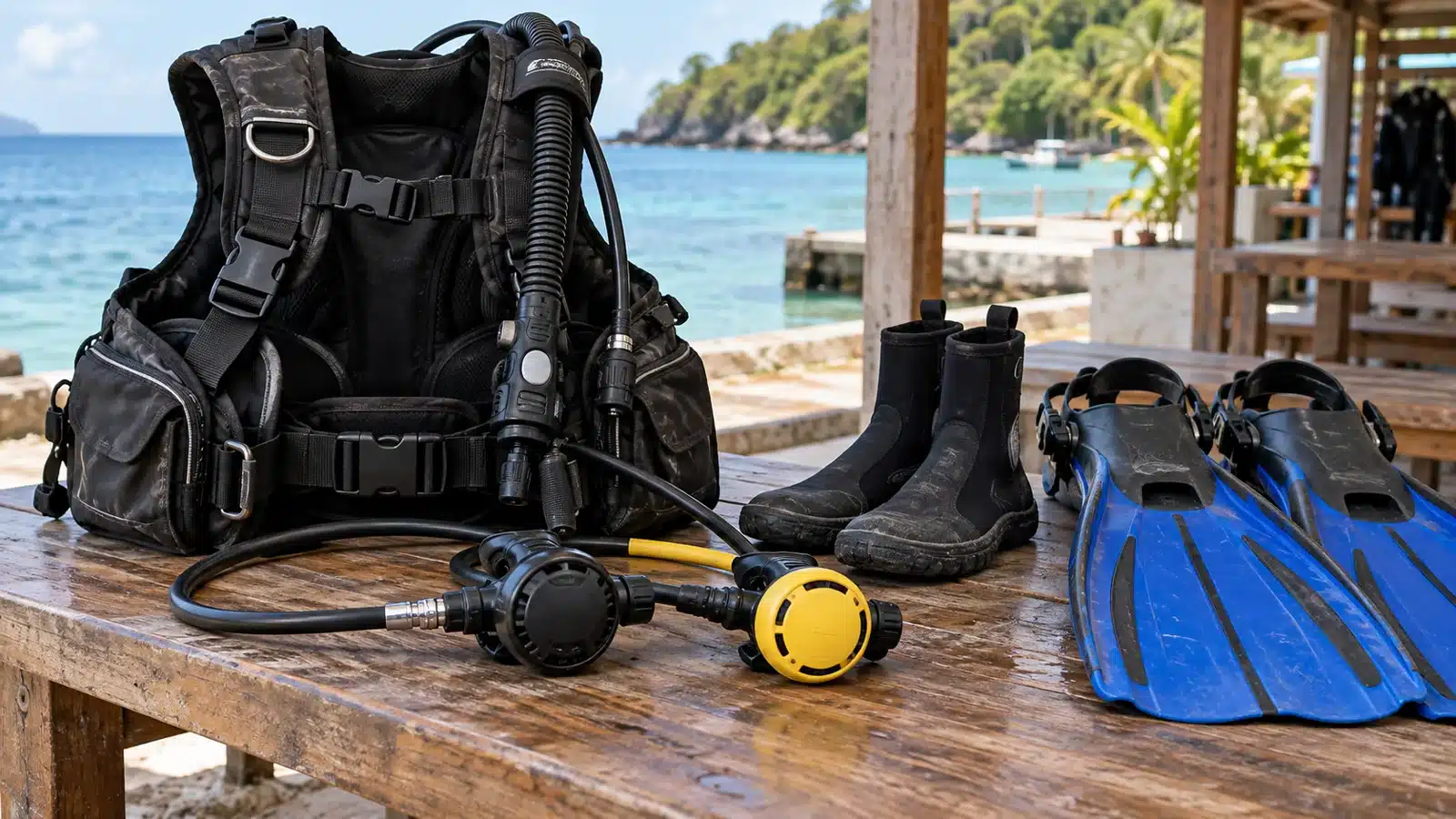Black BCD, regulator second stages, dive boots and blue open-heel fins on a wooden bench