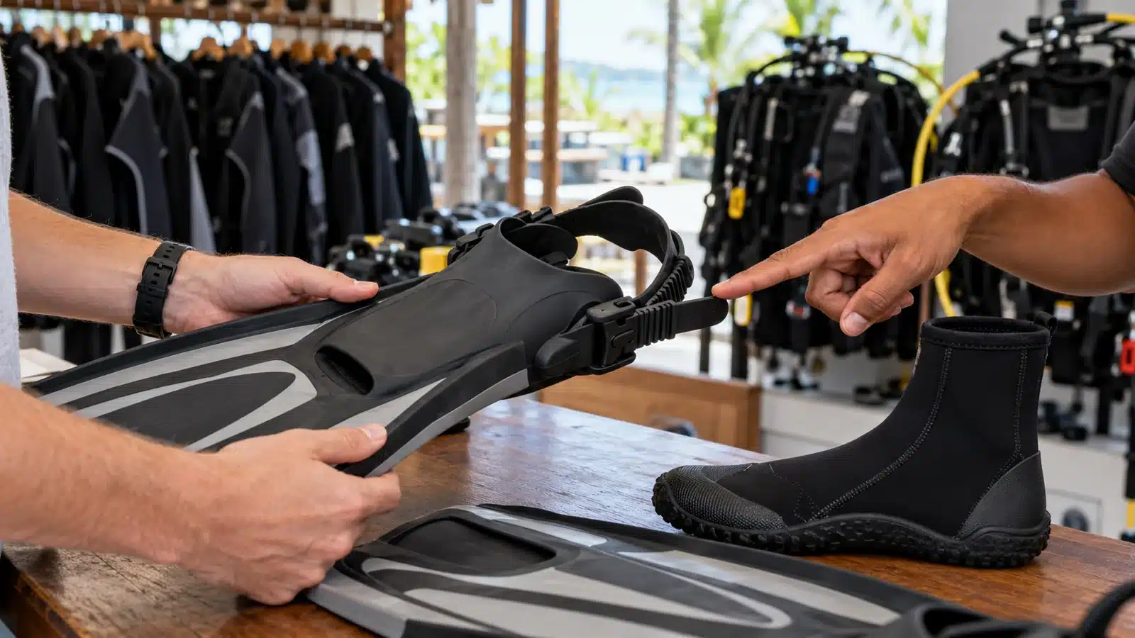 Hands checking the heel strap of an open-heel scuba fin beside a neoprene dive boot