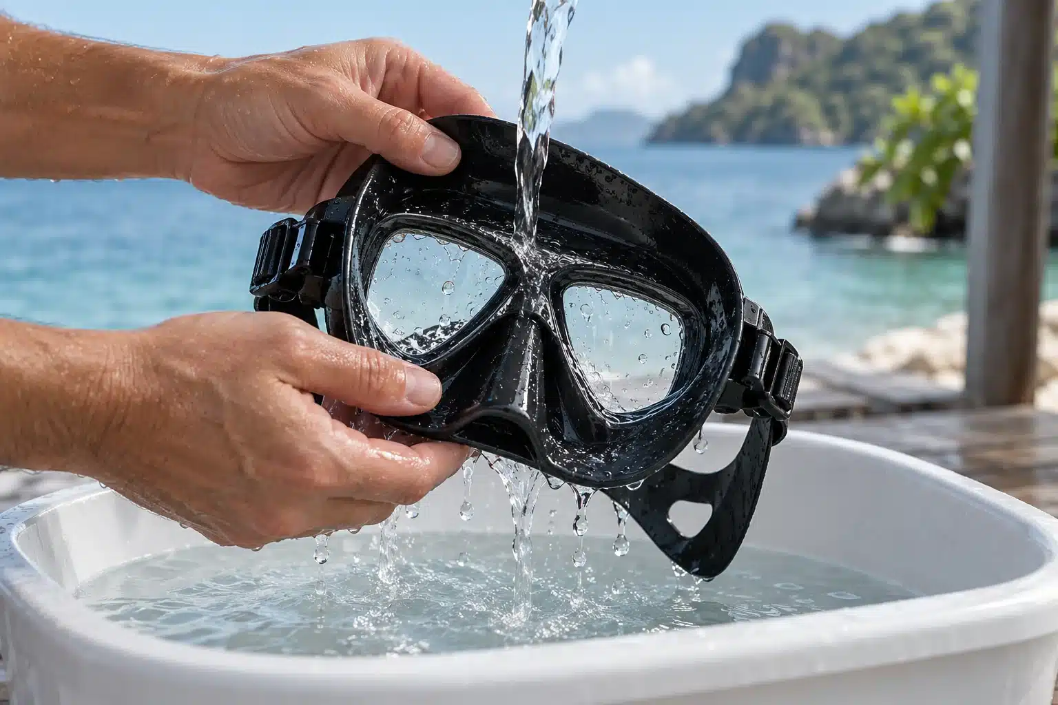 Hands rinsing the inside and silicone skirt of a black scuba mask with fresh water