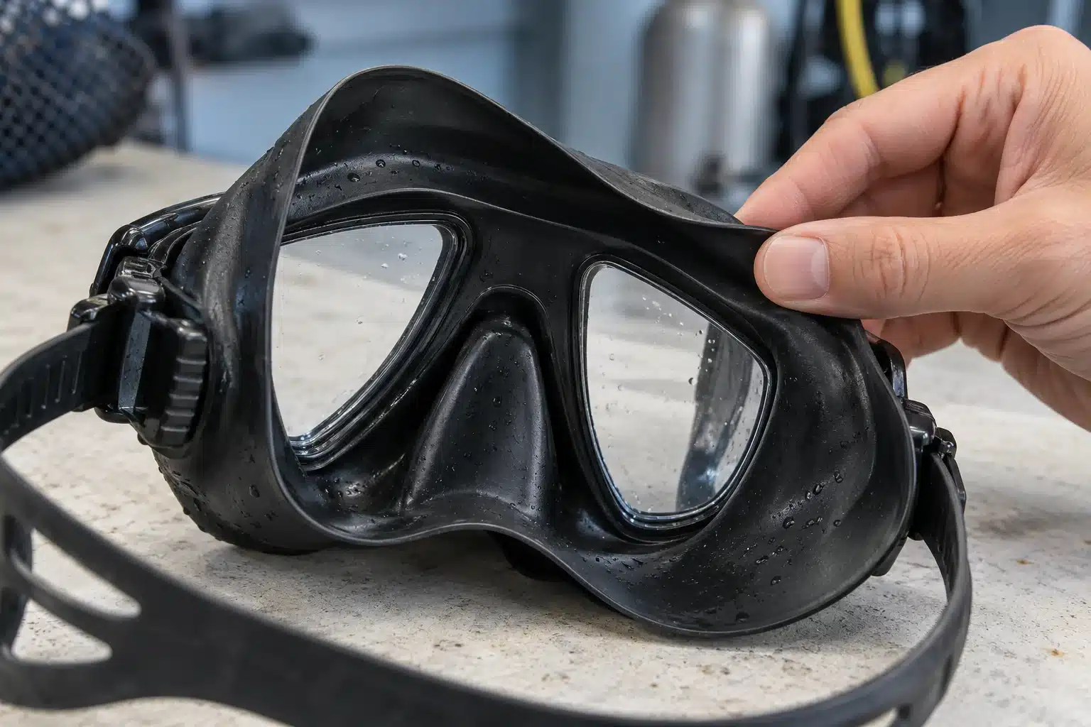 Hand gently checking the soft silicone sealing skirt of a scuba mask